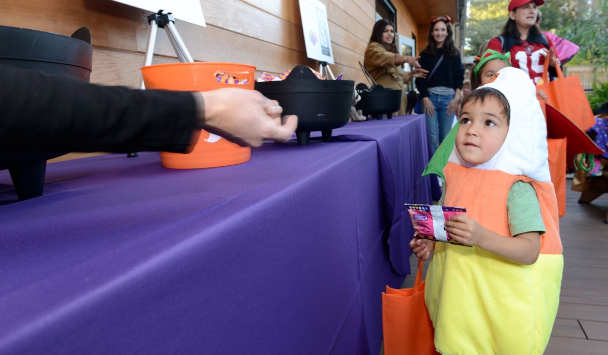 A small boy in a white, orange, and yellow candy corn costume accepts a snack in a pink bag from an adult.