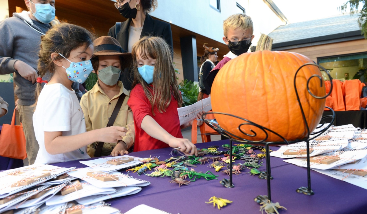 Young visitors pick up fake plastic bugs and Halloween coloring books from a treat table with an orange pumpkin.